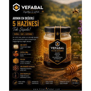 5'Lİ ARI ÜRÜNLERİ KARIŞIMI ( BAL - POLEN - ARI EKMEĞİ (PERGA ) - SIVI PROPOLİS - ARI SÜTÜ ) - NET 500 gr 