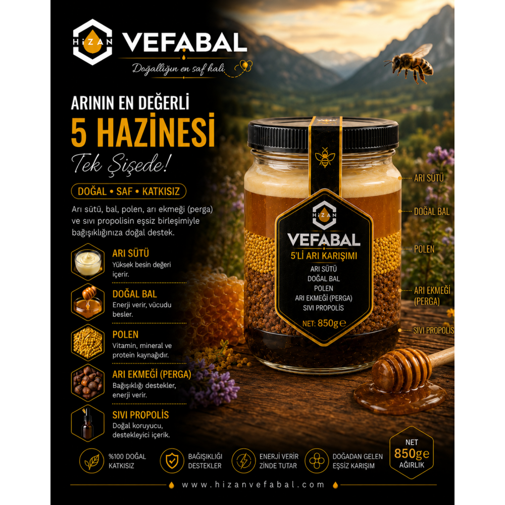 5'Lİ ARI ÜRÜNLERİ KARIŞIMI ( BAL - POLEN - ARI EKMEĞİ (PERGA ) - SIVI PROPOLİS - ARI SÜTÜ ) -  NET 850 gr