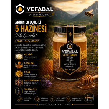 5'Lİ ARI ÜRÜNLERİ KARIŞIMI ( BAL - POLEN - ARI EKMEĞİ (PERGA ) - SIVI PROPOLİS - ARI SÜTÜ ) -  NET 850 gr 